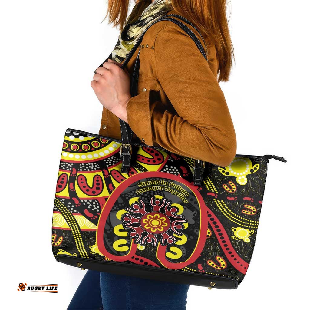 Australia Indigenous Children's Day Leather Tote Bag Strong In Culture Stronger Together Aboriginal Art