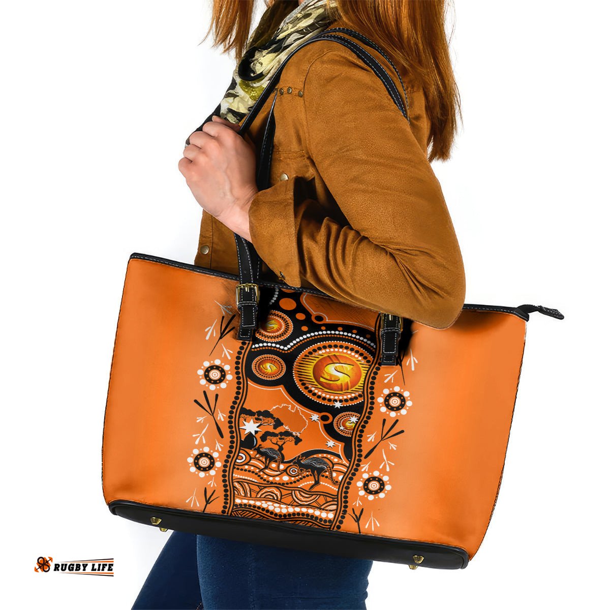 Perth Scorchers Cricket Leather Tote Bag Happy Australia Day Aboriginal Art