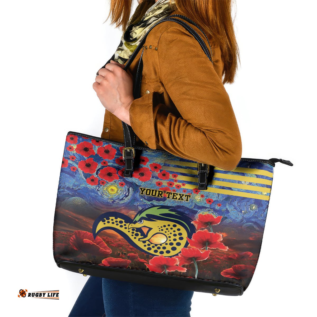 Personalised Eels Rugby ANZAC Leather Tote Bag Starry Night and Field of Poppies