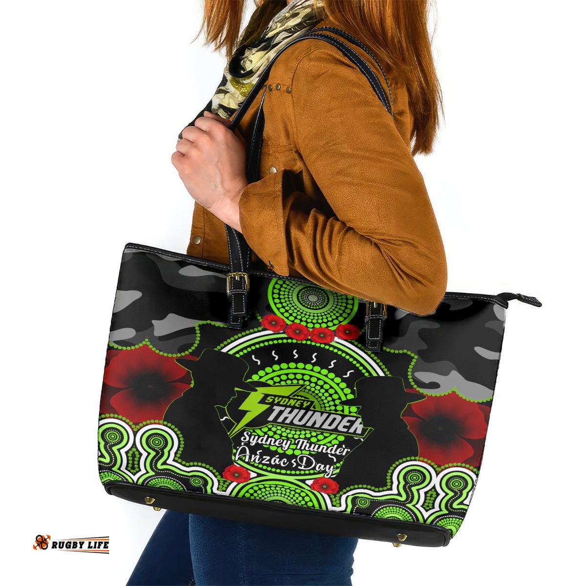 Sydney Thunder ANZAC 2024 Leather Tote Bag Lest We Forget Poppy Mix Camouflage