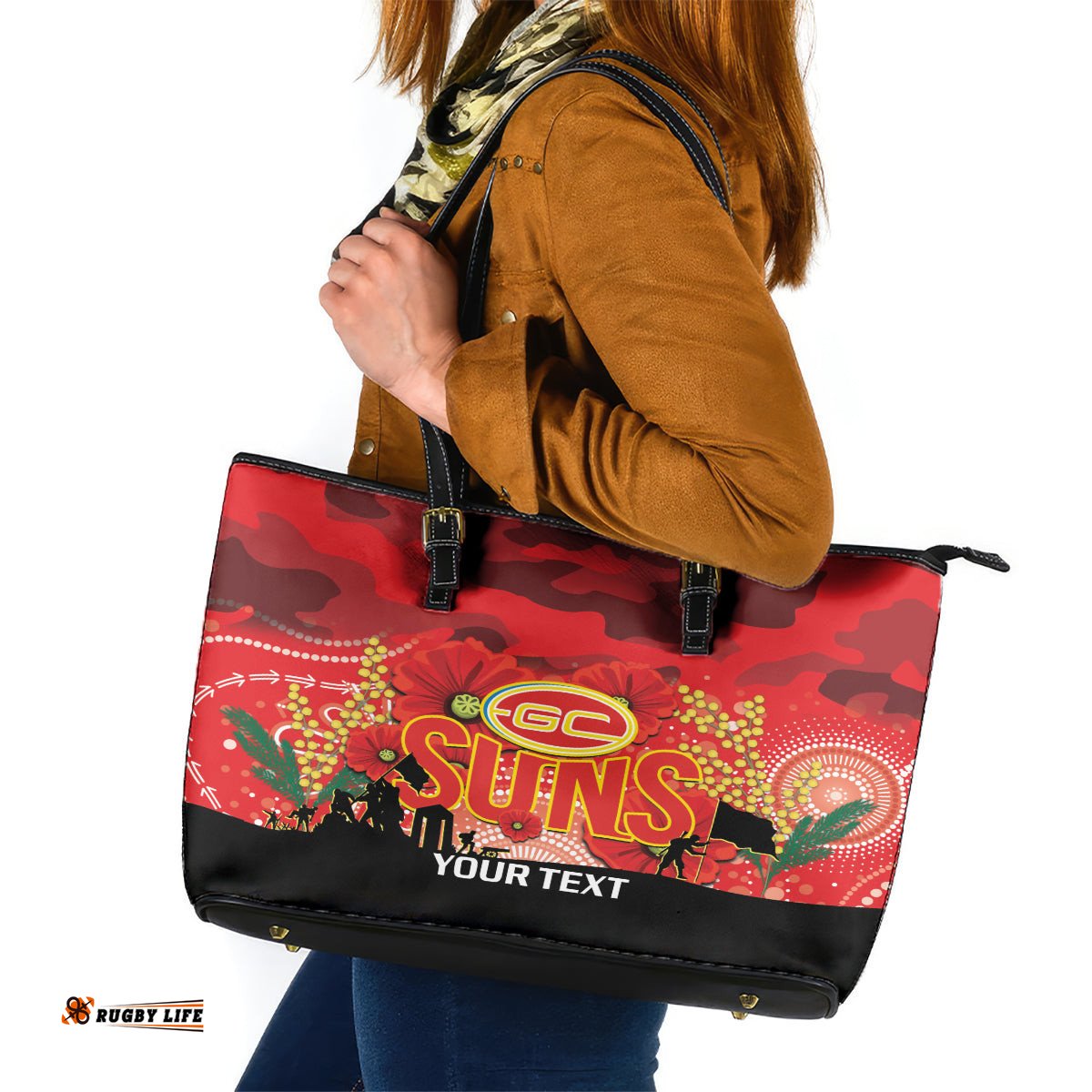 Custom Suns Football ANZAC Leather Tote Bag Gallipoli Camouflage With Poppies