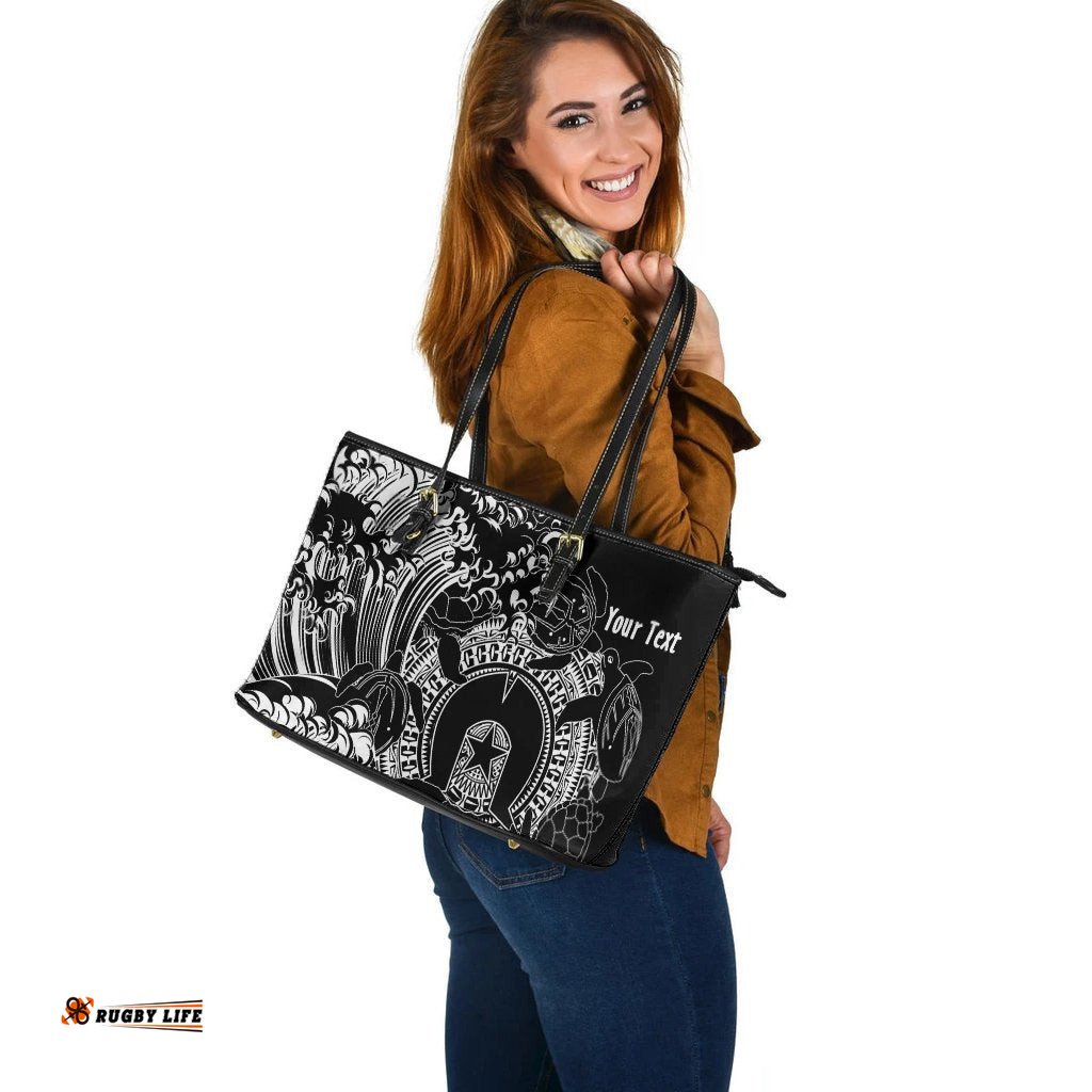 Custom Aboriginal Leather Tote Bag, Torres Strait Islands in Wave Black