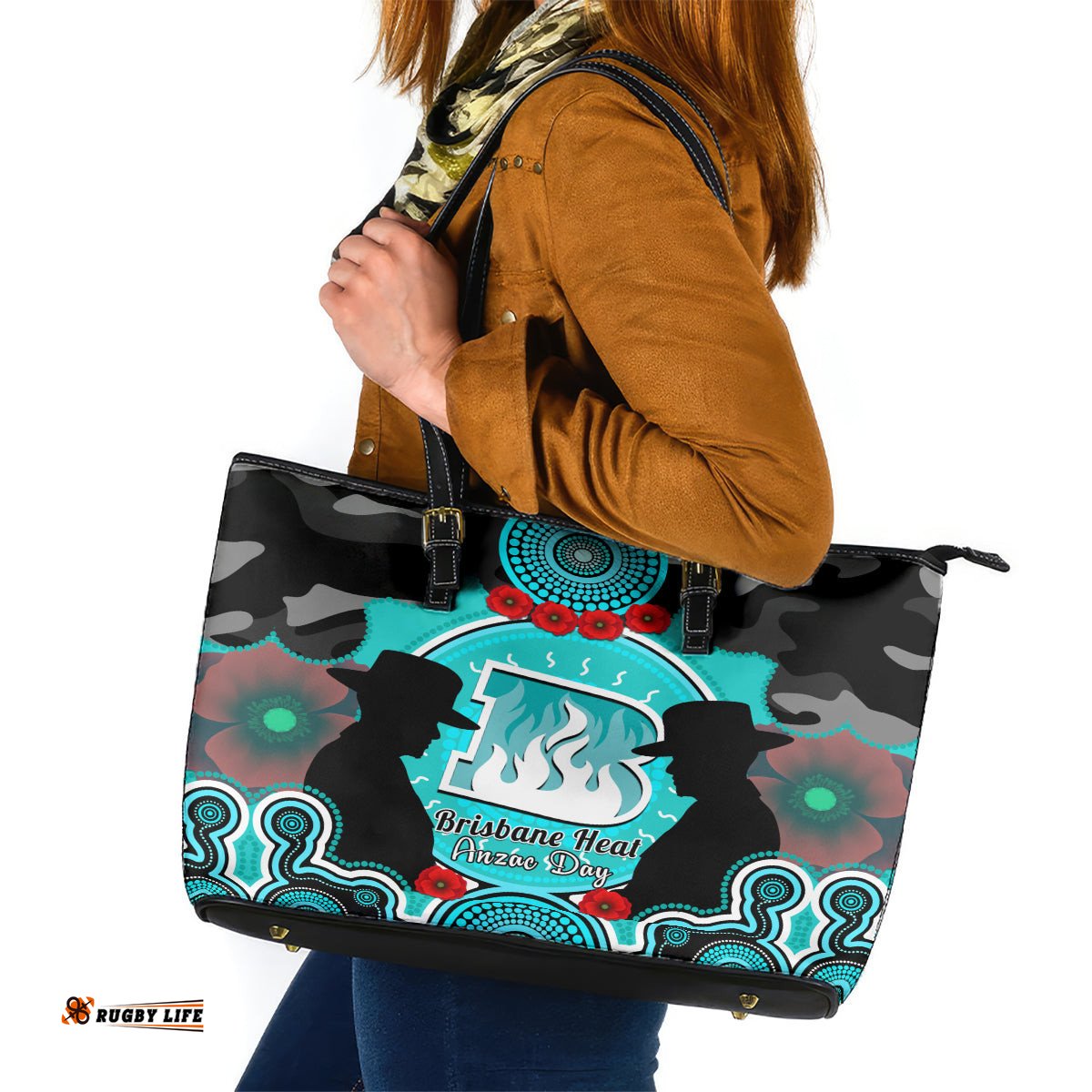 Brisbane Heat ANZAC 2024 Leather Tote Bag Lest We Forget Poppy Mix Camouflage