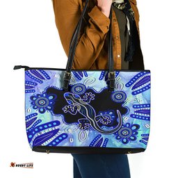 Australia Leather Tote Bag Aussie Opal Pattern With Lizard Aboriginal Art - Turquoise