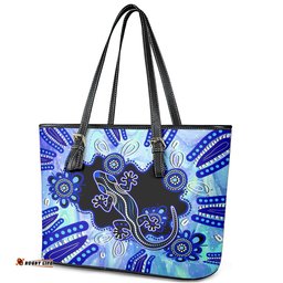 Australia Leather Tote Bag Aussie Opal Pattern With Lizard Aboriginal Art - Turquoise