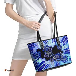 Australia Leather Tote Bag Aussie Opal Pattern With Lizard Aboriginal Art - Turquoise