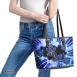 Australia Leather Tote Bag Aussie Opal Pattern With Lizard Aboriginal Art - Turquoise