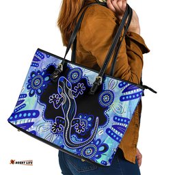 Australia Leather Tote Bag Aussie Opal Pattern With Lizard Aboriginal Art - Turquoise
