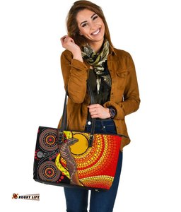 Large Leather Tote Bag - Australian Aboriginal Dot Painting Sun and Lizard