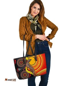 Large Leather Tote Bag - Australian Aboriginal Dot Painting Sun and Lizard