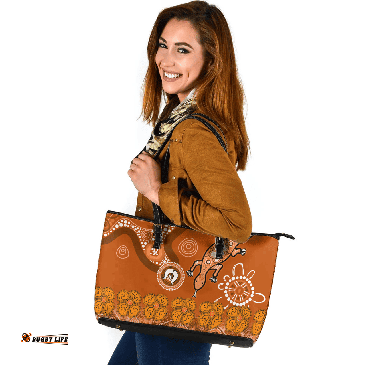 Indigenous Australian Aboriginal Indigenous Dot Goanna Orange Leather Tote Bag
