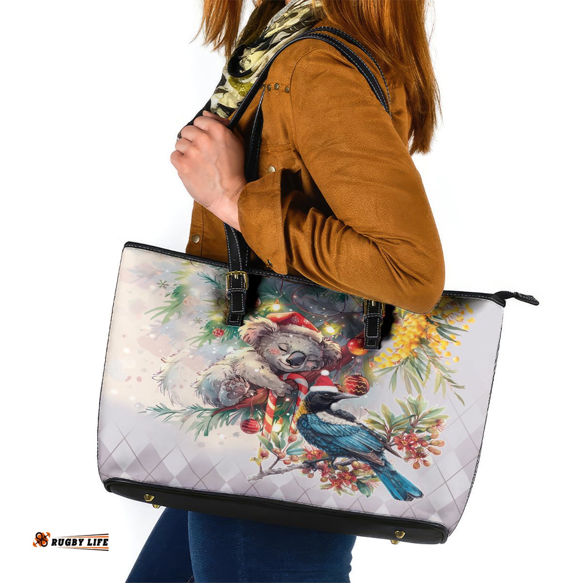 Koala and Tui Bird Christmas in July Leather Tote Bag