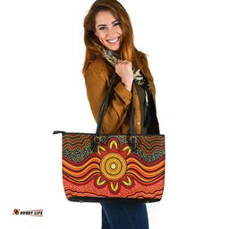 Indigenous Australian Aboriginal Aboriginal Radiant Sun Dreaming In Red Sands Leather Tote Bag