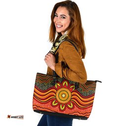 Indigenous Australian Aboriginal Aboriginal Radiant Sun Dreaming In Red Sands Leather Tote Bag