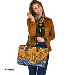 Indigenous Australian Aboriginal Sunset Bloom In The Dreaming Land Leather Tote Bag