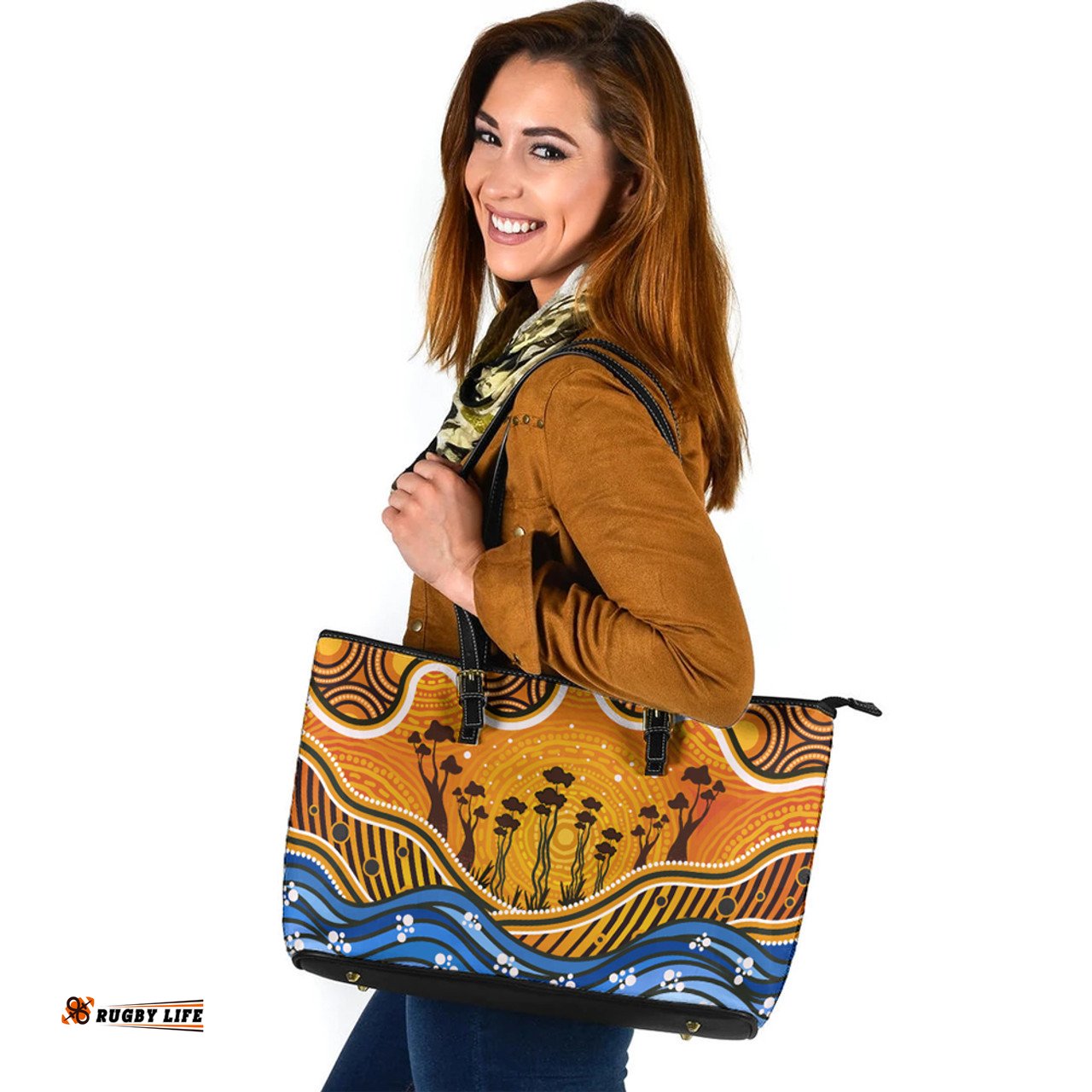 Indigenous Australian Aboriginal Sunset Bloom In The Dreaming Land Leather Tote Bag
