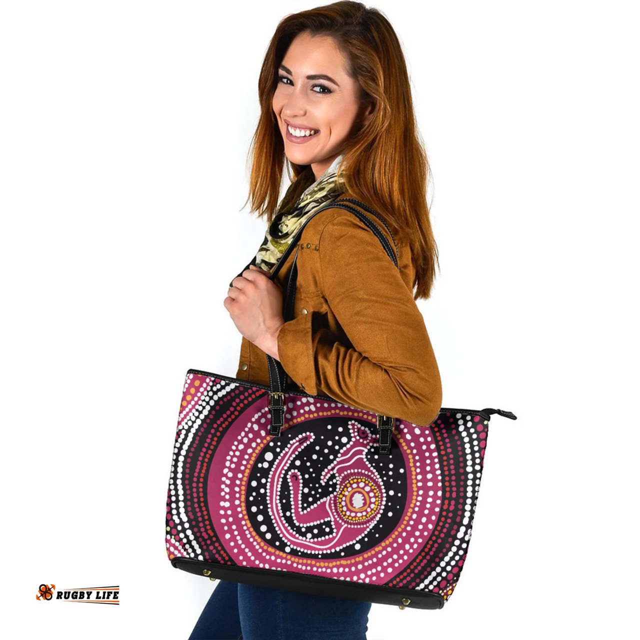 Indigenous Australian Aboriginal Aboriginal Background Featuring Kangaroo Dot Design Leather Tote Bag