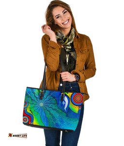 Leather Tote Bag - Torres Strait Islanders Flag with Aboriginal Patterns Bag