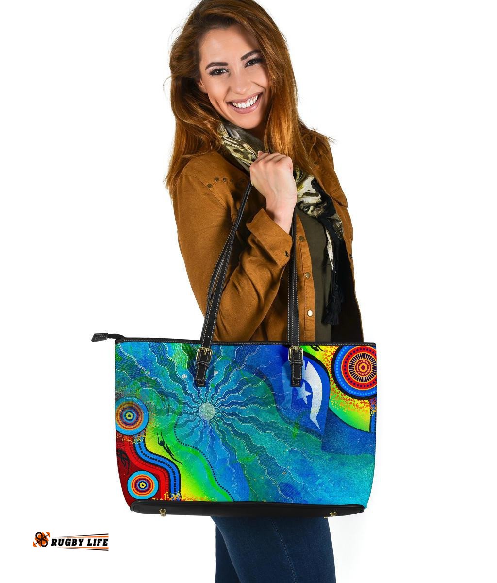Leather Tote Bag - Torres Strait Islanders Flag with Aboriginal Patterns Bag