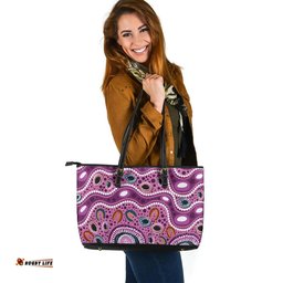Indigenous Australian Aboriginal Aboriginal Dreaming Trail In Violet River Flow Leather Tote Bag