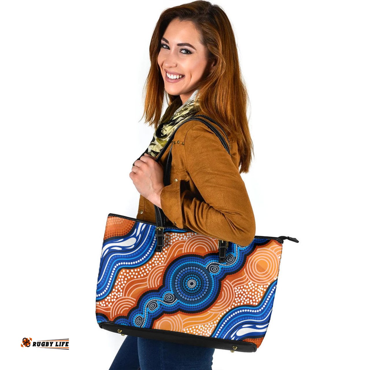 Indigenous Australian Aboriginal Aboriginal Flow Of Rivers And Sunset Dreaming Leather Tote Bag