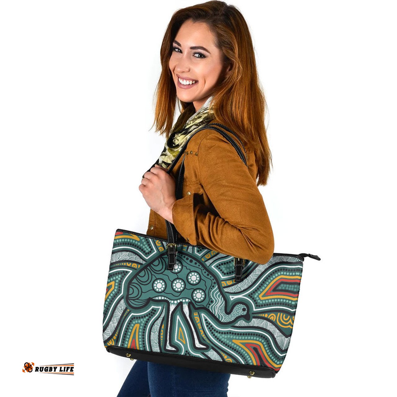 Indigenous Australian Aboriginal Aboriginal Emu Dreaming Circle Energy Leather Tote Bag
