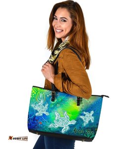 Custom Text Aboriginal Large Leather Tote Bags - Indigenous Turtle Ocean Dot Painting Art
