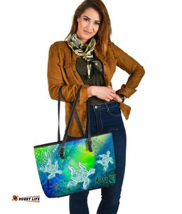 Custom Text Aboriginal Large Leather Tote Bags - Indigenous Turtle Ocean Dot Painting Art