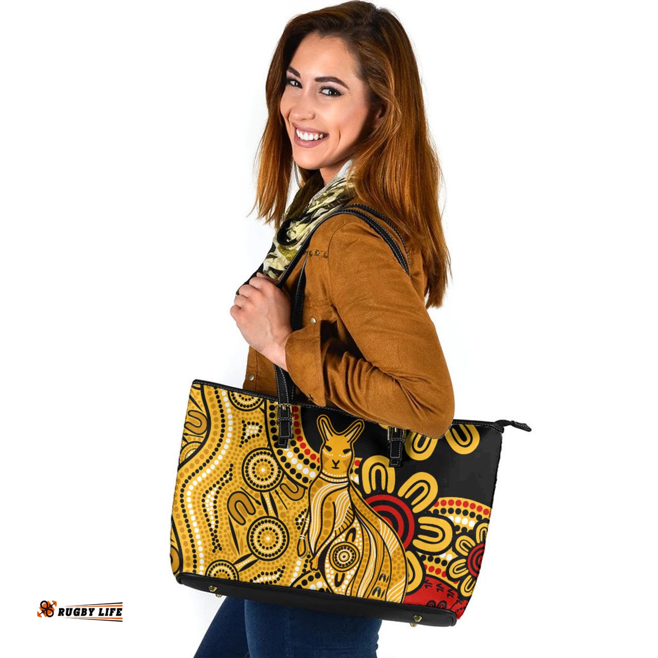 Indigenous Australian Aboriginal Aboriginal Kangaroo Journey Leather Tote Bag