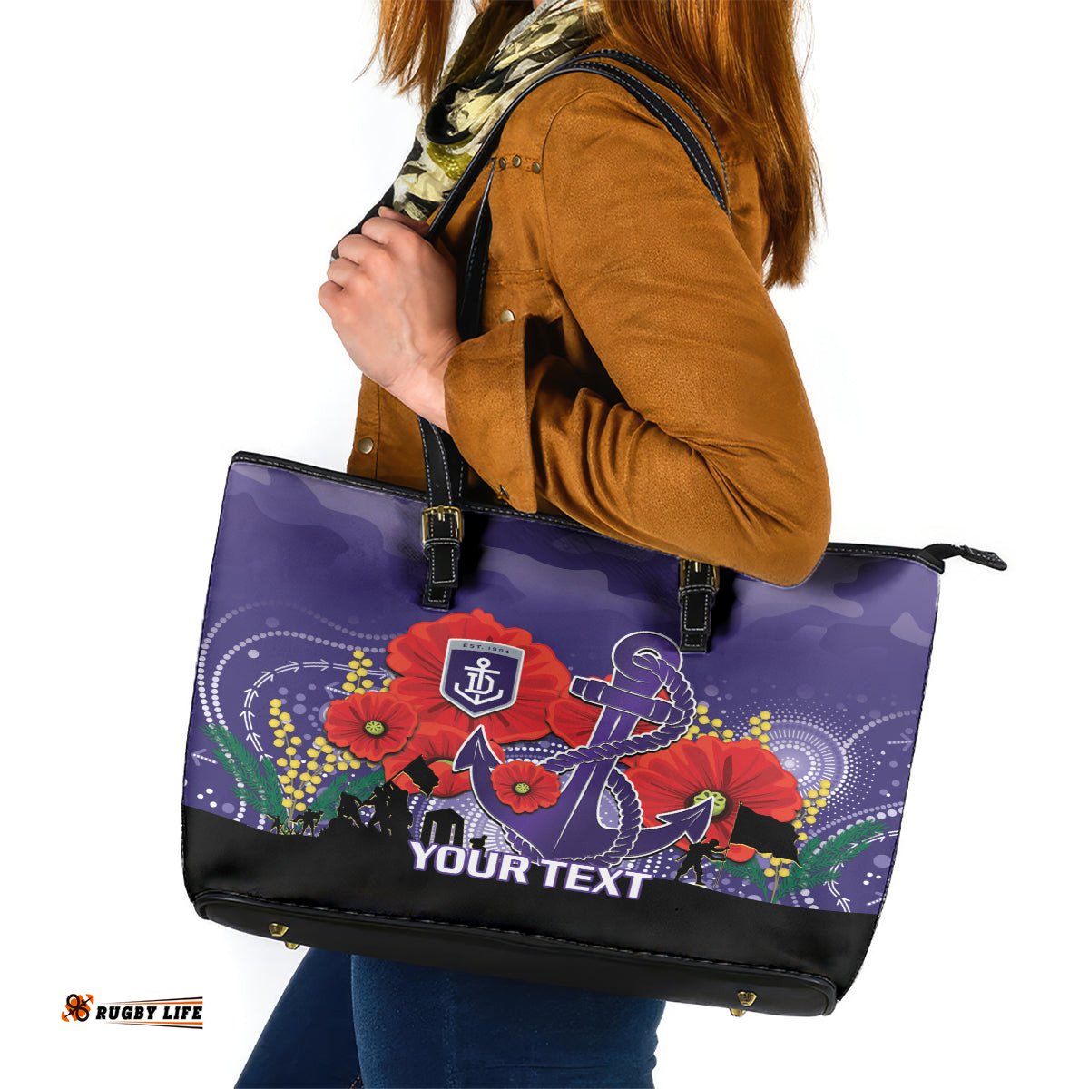 Custom Dockers Football ANZAC Leather Tote Bag Gallipoli Camouflage With Poppies