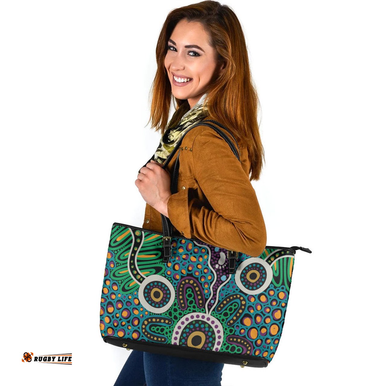 Indigenous Australian Aboriginal A Dot Painting In The Style Of Indigenous Australian Art Leather Tote Bag