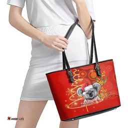 Australia Koala Christmas Leather Tote Bag Aboriginal Art With Golden Wattle