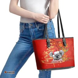 Australia Koala Christmas Leather Tote Bag Aboriginal Art With Golden Wattle
