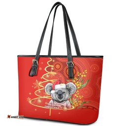 Australia Koala Christmas Leather Tote Bag Aboriginal Art With Golden Wattle