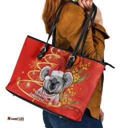 Australia Koala Christmas Leather Tote Bag Aboriginal Art With Golden Wattle