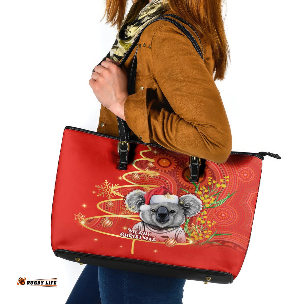Australia Koala Christmas Leather Tote Bag Aboriginal Art With Golden Wattle