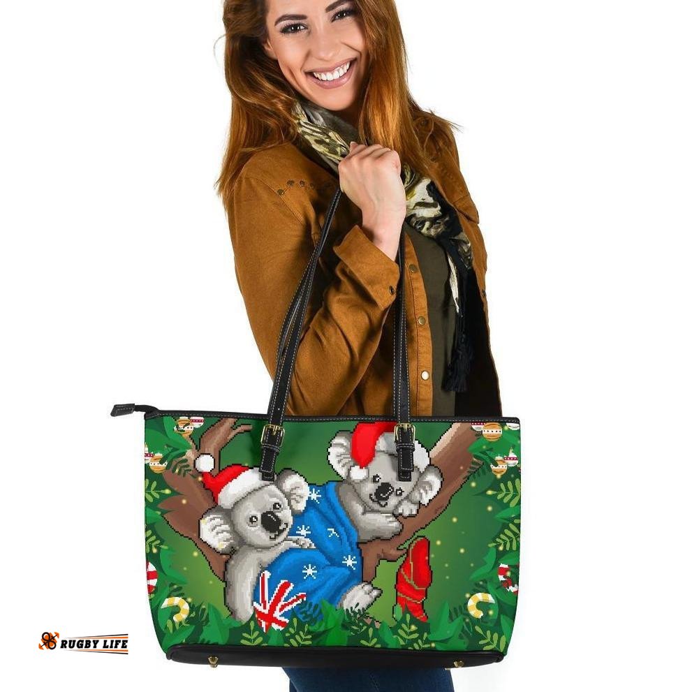 Christmas Large Leather Tote Bag - Australia Flag with Koala Ugly Christmas