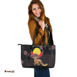 Large Leather Tote Bag - Numbat Tribal Pattern with Aboriginal Flag