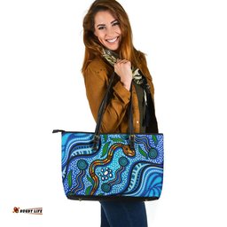 Indigenous Australian Aboriginal Aboriginal Ocean Dreaming Pathways In Blue Flow Leather Tote Bag