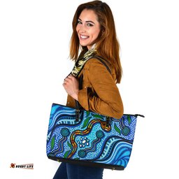 Indigenous Australian Aboriginal Aboriginal Ocean Dreaming Pathways In Blue Flow Leather Tote Bag