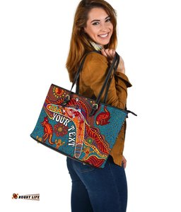 Aboriginal Personalised Large Leather Tote Bag - Indigenous Boomerang