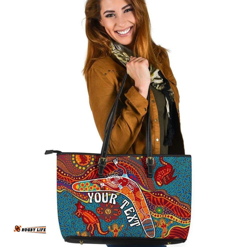 Aboriginal Personalised Large Leather Tote Bag - Indigenous Boomerang