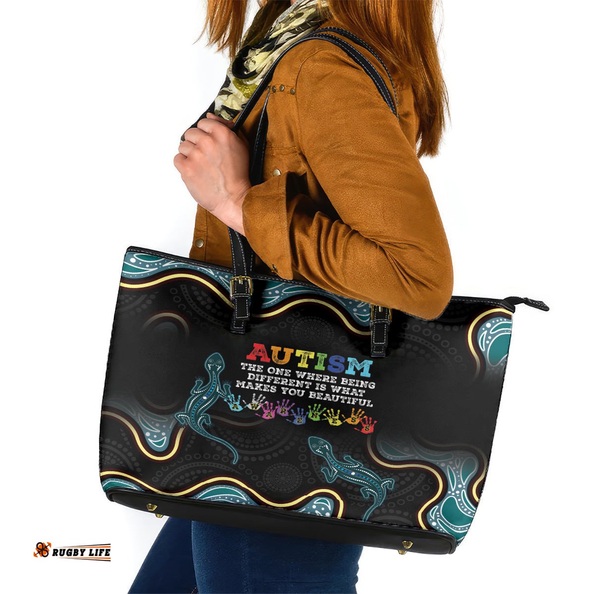 Australia Autism Awareness 4 April Aboriginal Lizard Leather Tote Bag