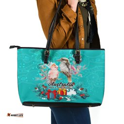 Kookaburra and Cockatoo Leather Tote Bag Australia Merry Christmas Aboriginal Teal Style