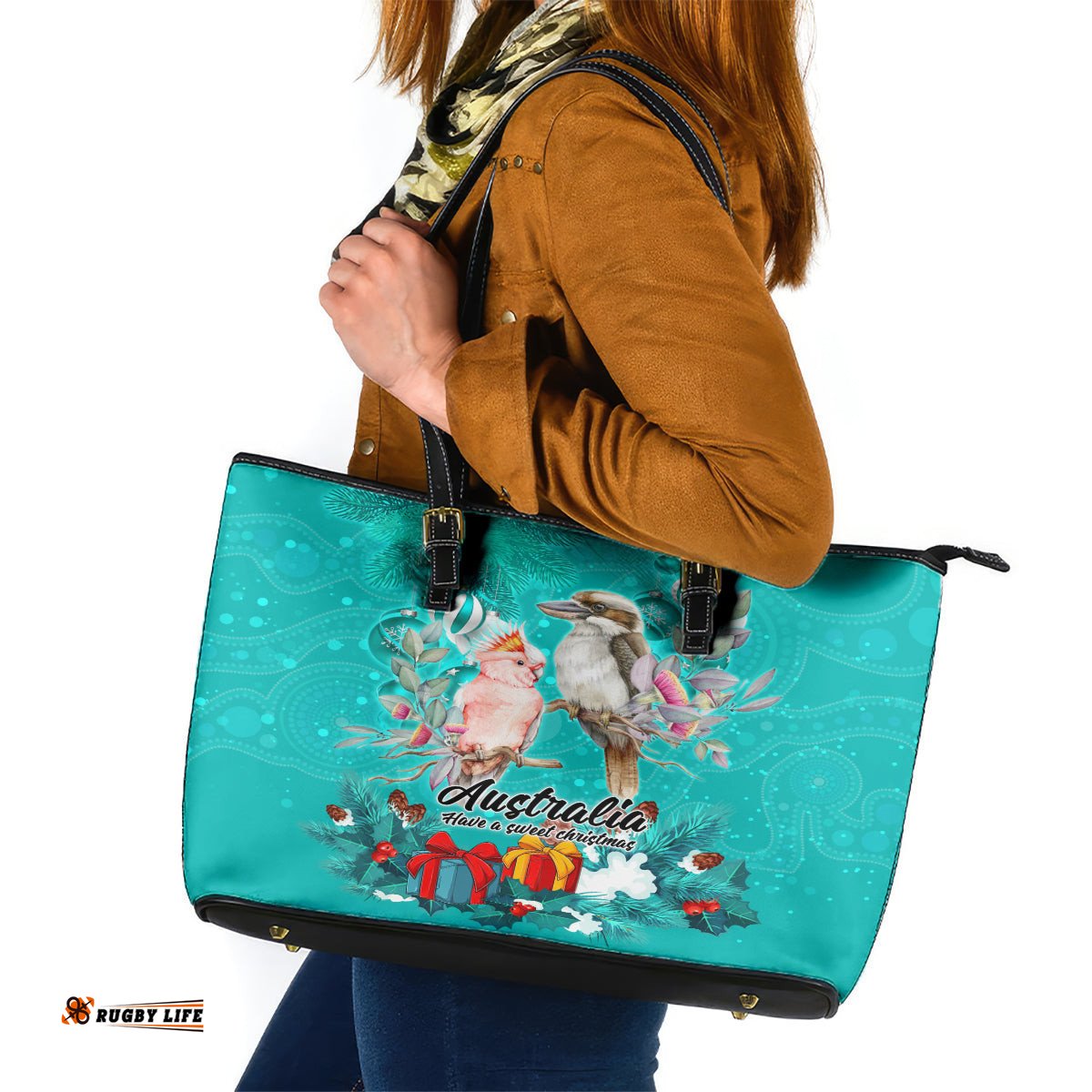 Kookaburra and Cockatoo Leather Tote Bag Australia Merry Christmas Aboriginal Teal Style