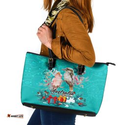 Kookaburra and Cockatoo Leather Tote Bag Australia Merry Christmas Aboriginal Teal Style