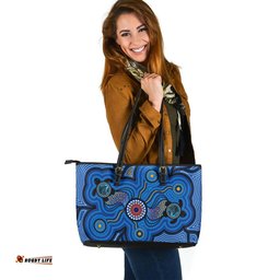 Indigenous Australian Aboriginal Celestial Blue Journey Through Ancestral Echoes Leather Tote Bag