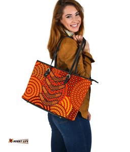 Aboriginal Leather Tote Bag - Aboriginal Boomerangs And Dot Circle