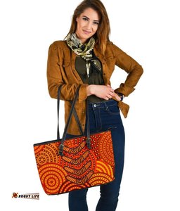 Aboriginal Leather Tote Bag - Aboriginal Boomerangs And Dot Circle