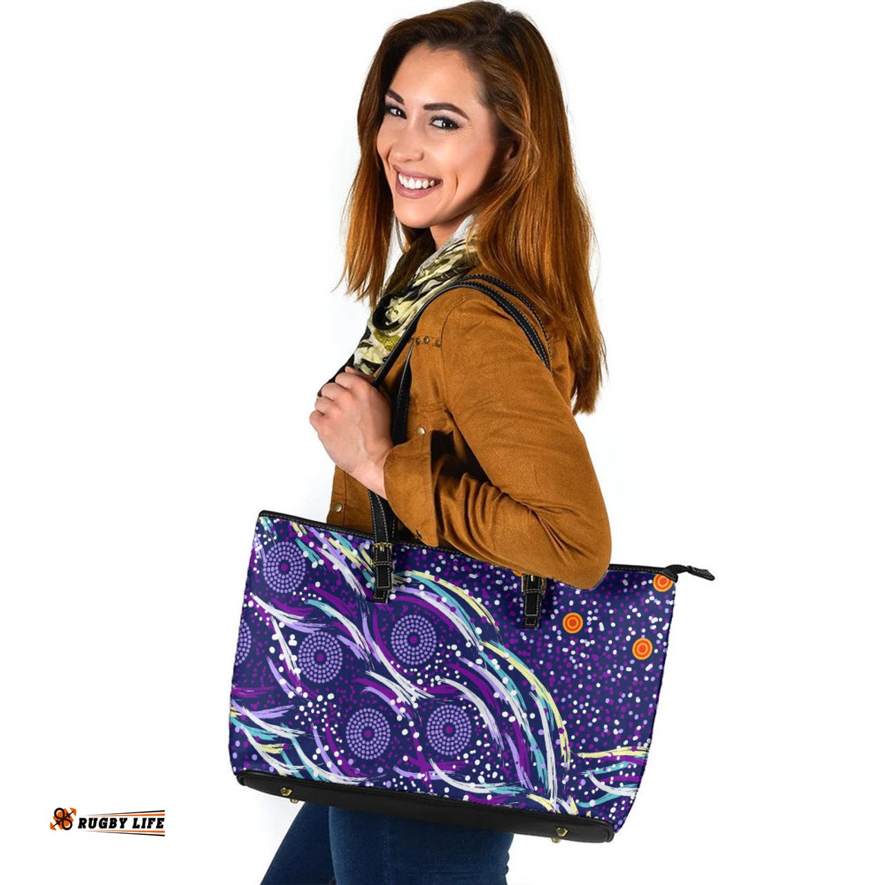 Indigenous Australian Aboriginal Aboriginal Purple Dot Dreamtime Leather Tote Bag